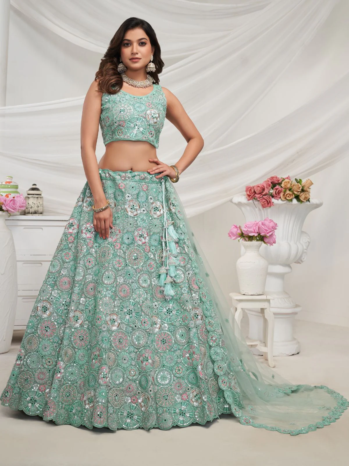 Odette Sky Blue Soft Net Embroidered Semi Stitched Lehenga With Unstitched Blouse For Women - Image 2