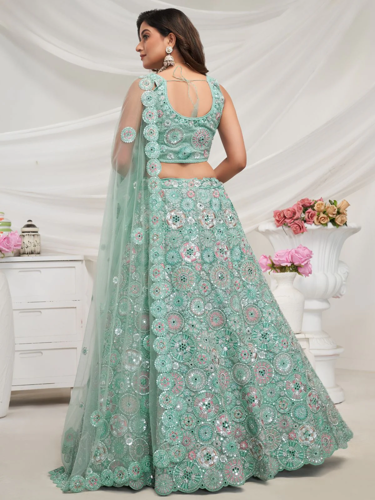 Odette Sky Blue Soft Net Embroidered Semi Stitched Lehenga With Unstitched Blouse For Women - Image 4