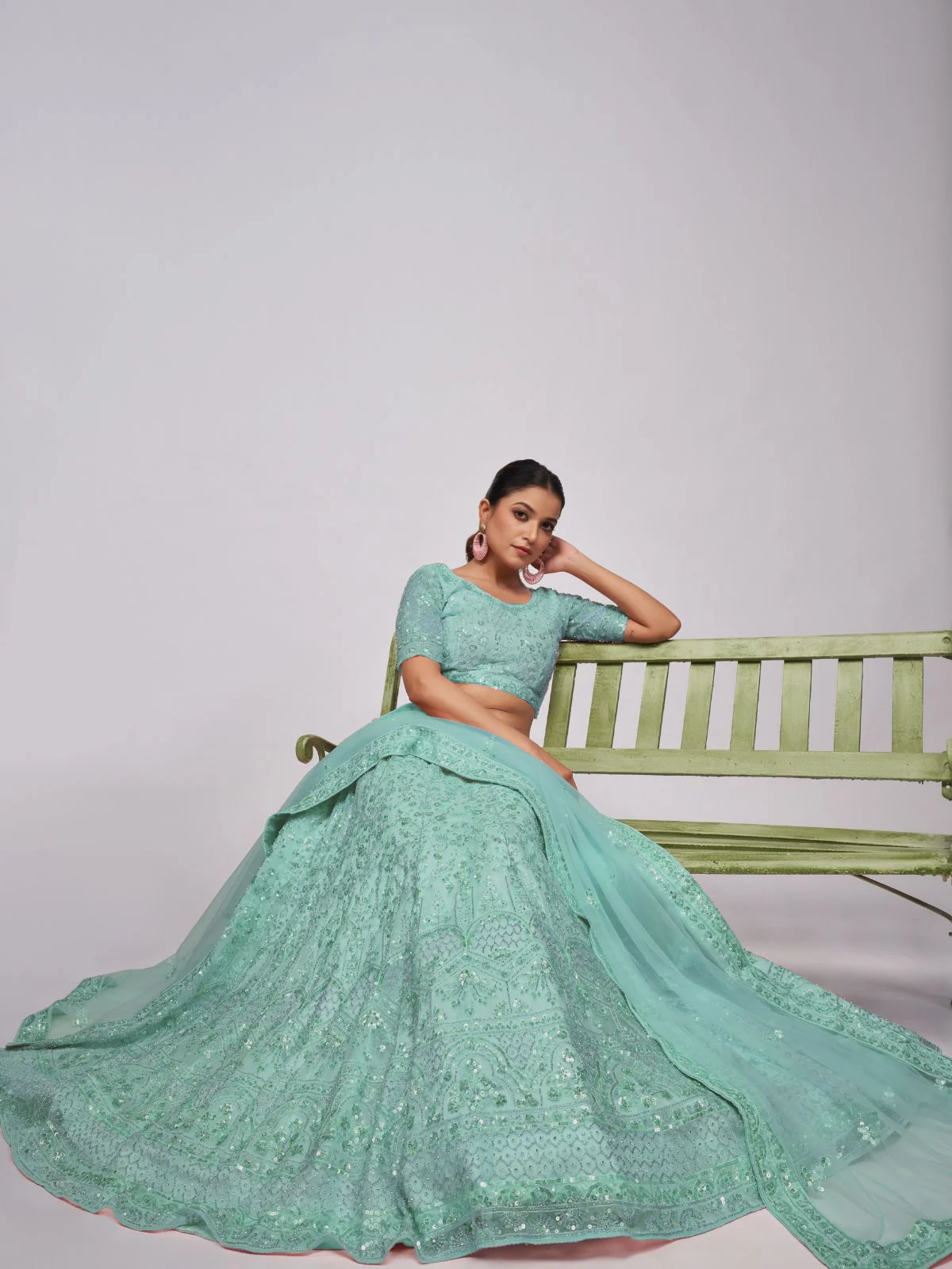 Odette Sky Blue Soft Net Embroidered Semi Stitched Lehenga With Unstitched Blouse For Women - Image 2