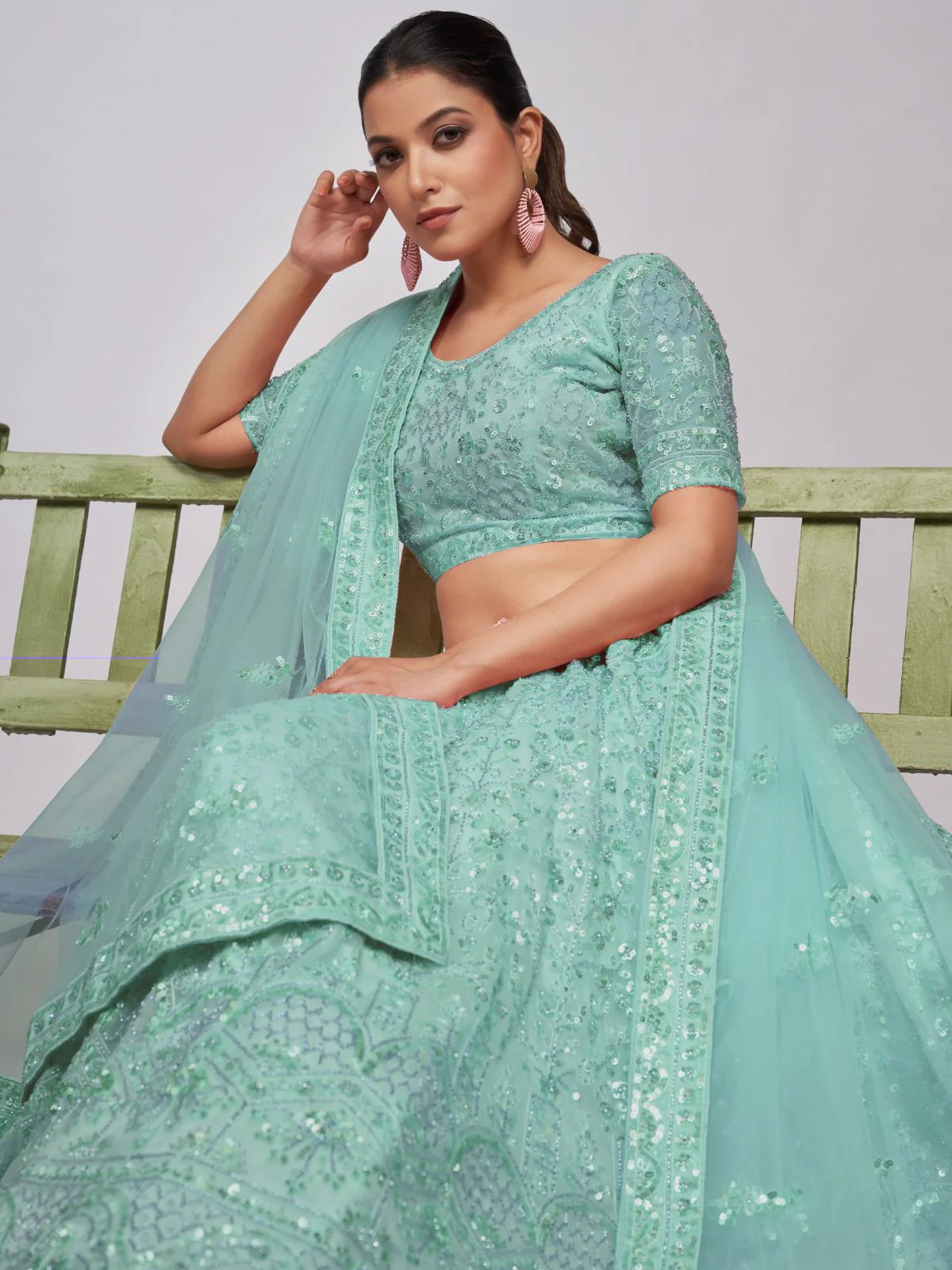 Odette Sky Blue Soft Net Embroidered Semi Stitched Lehenga With Unstitched Blouse For Women - Image 3