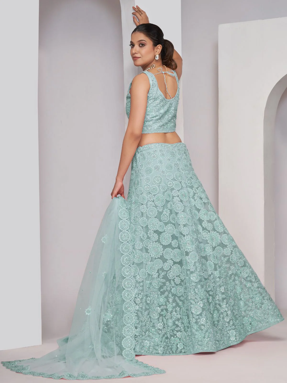 Odette Sky Blue Soft Net Embroidered Semi Stitched Lehenga With Unstitched Blouse For Women - Image 5