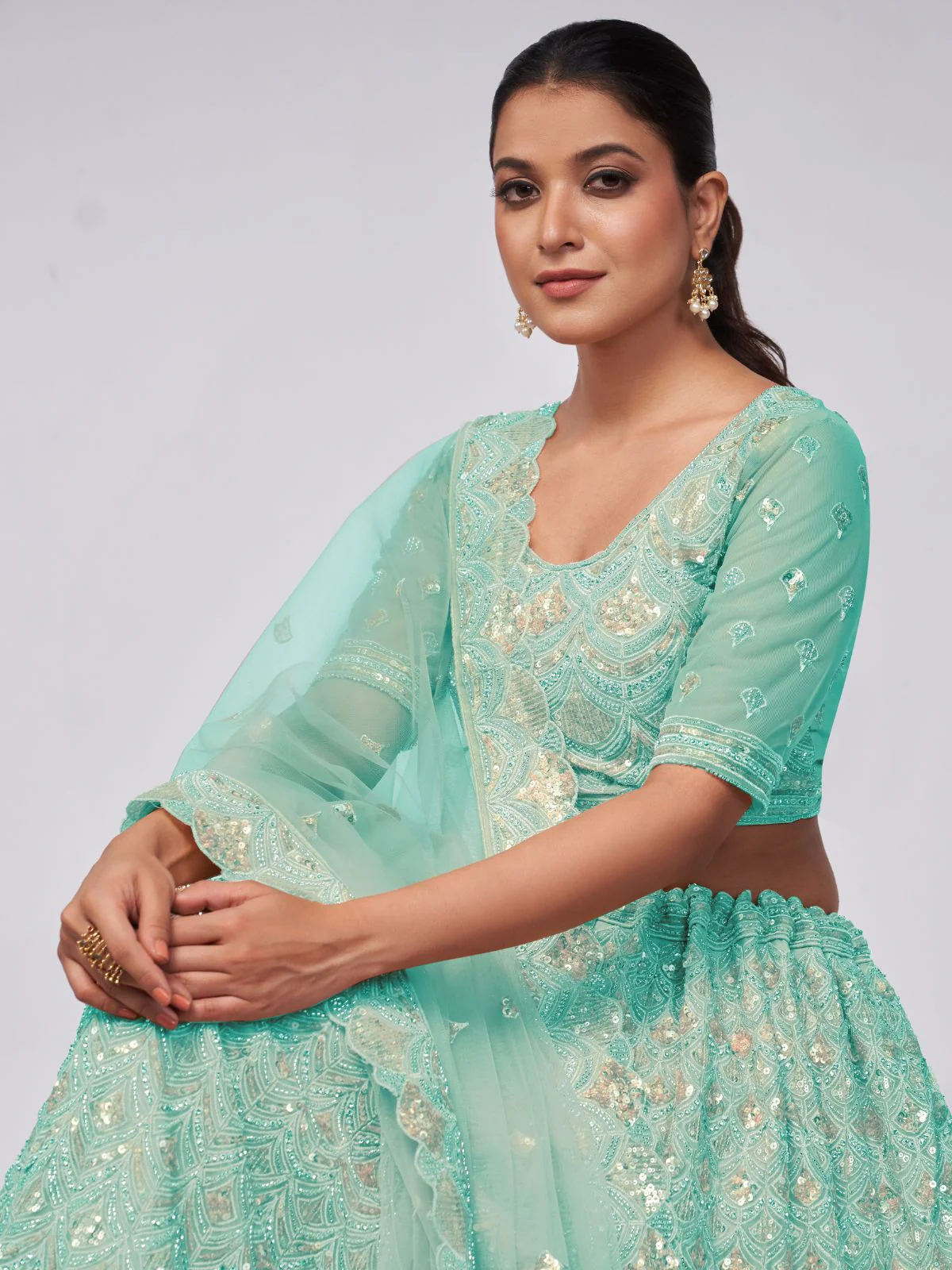 Odette Sky Blue Soft Net Embroidered Semi Stitched Lehenga With Unstitched Blouse For Women - Image 3