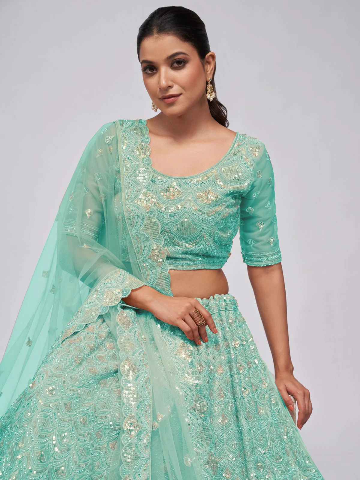 Odette Sky Blue Soft Net Embroidered Semi Stitched Lehenga With Unstitched Blouse For Women - Image 4