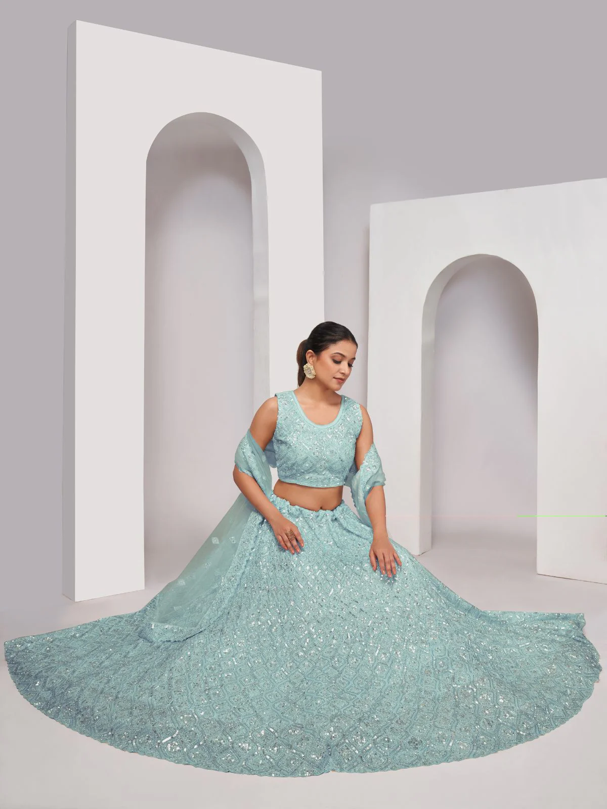 Odette Sky Blue Soft Net Embroidered Semi Stitched Lehenga With Unstitched Blouse For Women - Image 3
