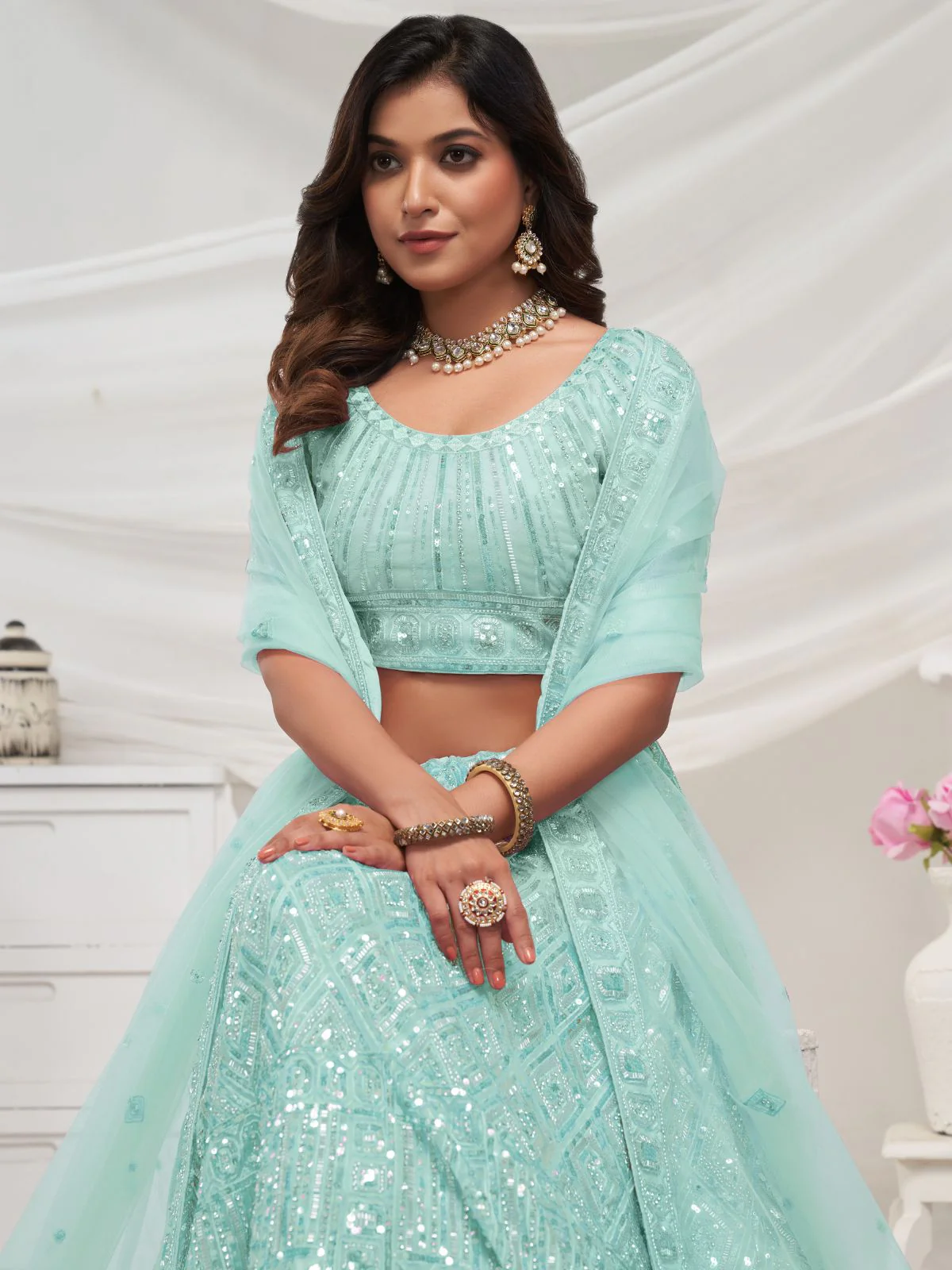 Odette Sky Blue Soft Net Embroidered Semi Stitched Lehenga With Unstitched Blouse For Women - Image 3