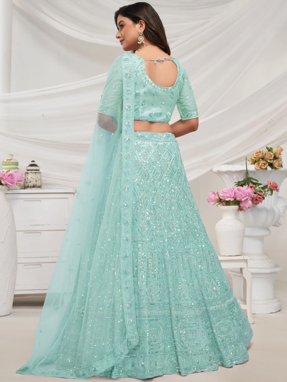 Odette Sky Blue Soft Net Embroidered Semi Stitched Lehenga With Unstitched Blouse For Women - Image 5