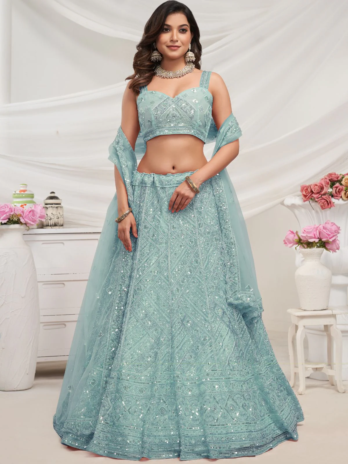 Odette Sky Blue Soft Net Embroidered Semi Stitched Lehenga With Unstitched Blouse For Women - Image 2