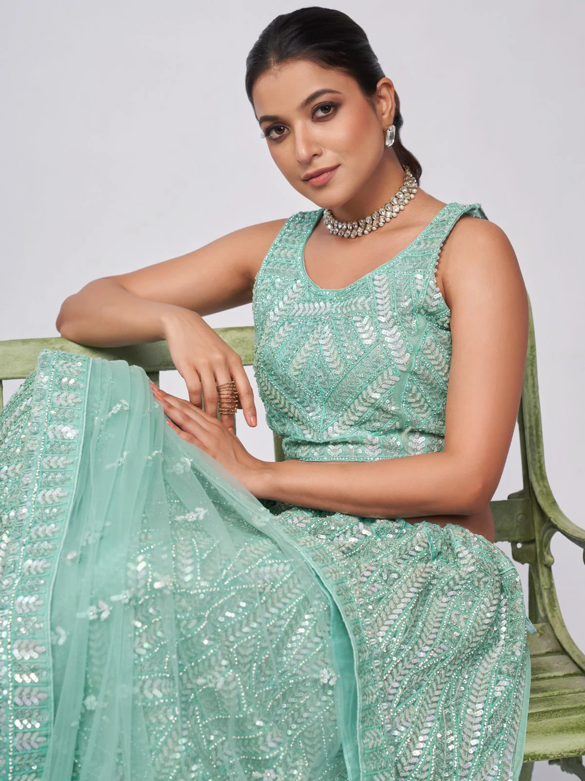 Odette Sky Blue Soft Net Embroidered Semi Stitched Lehenga With Unstitched Blouse For Women - Image 3