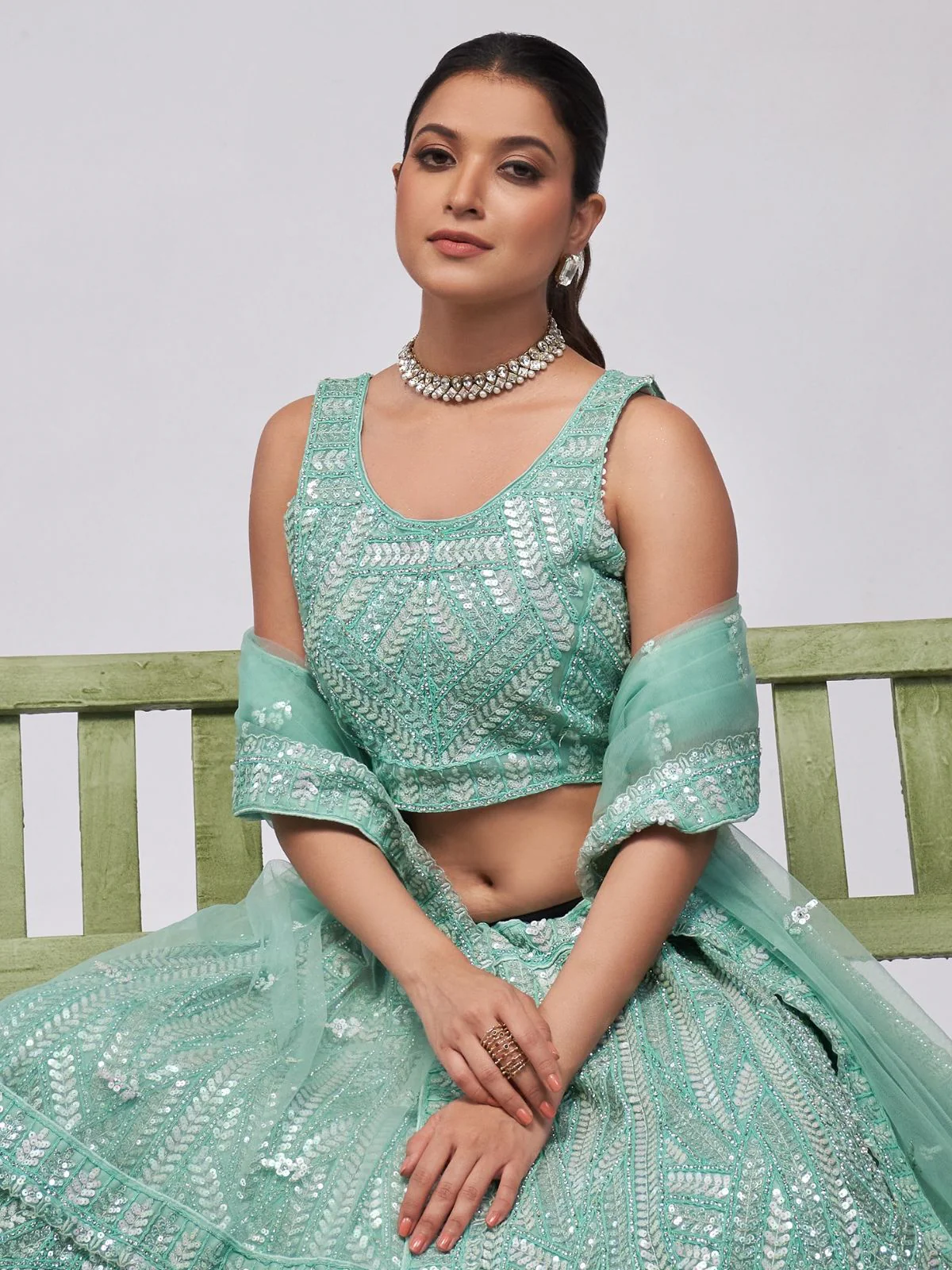 Odette Sky Blue Soft Net Embroidered Semi Stitched Lehenga With Unstitched Blouse For Women - Image 4