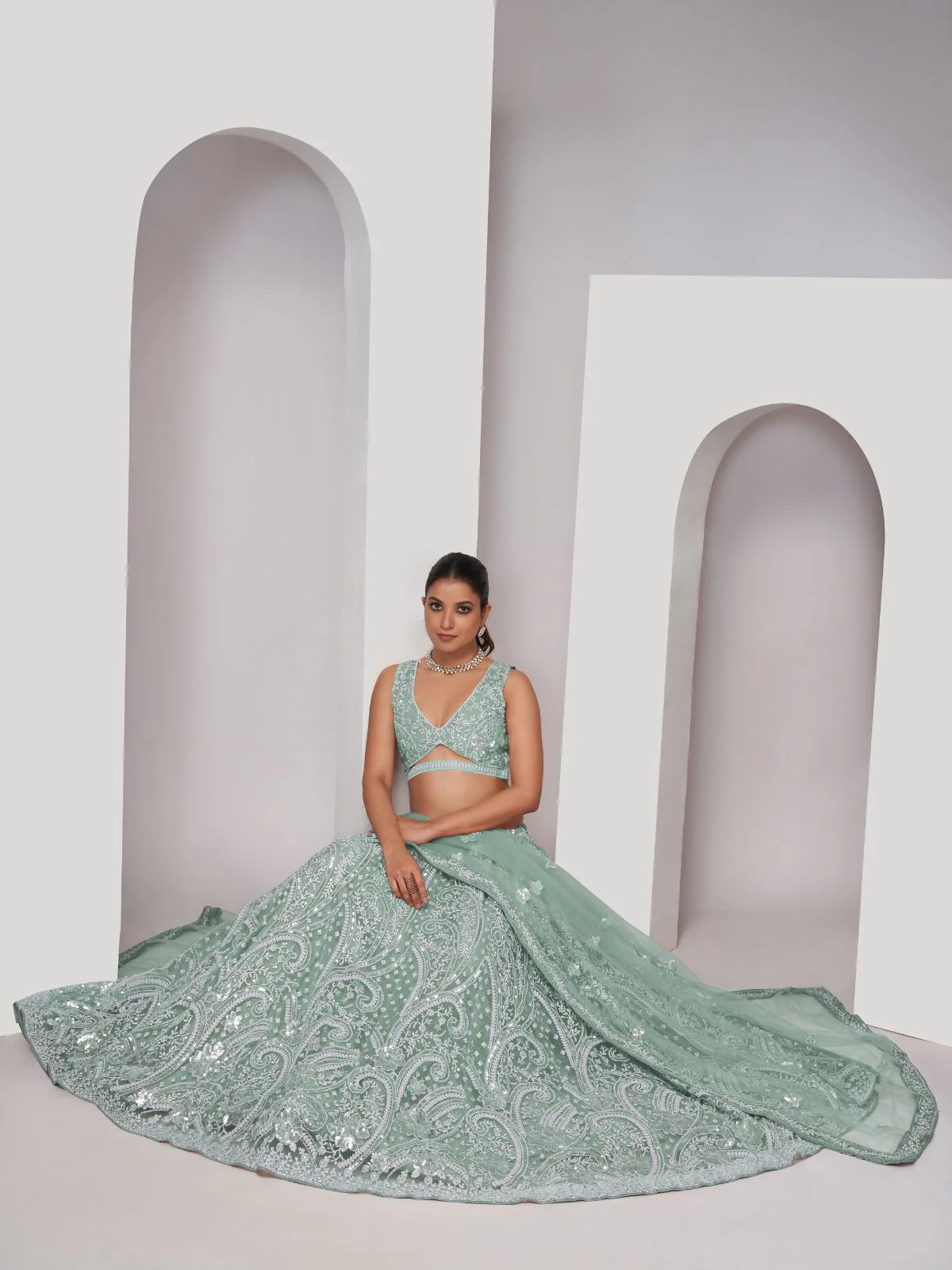 Odette Sky Blue Soft Net Embroidered Semi Stitched Lehenga With Unstitched Blouse For Women - Image 2