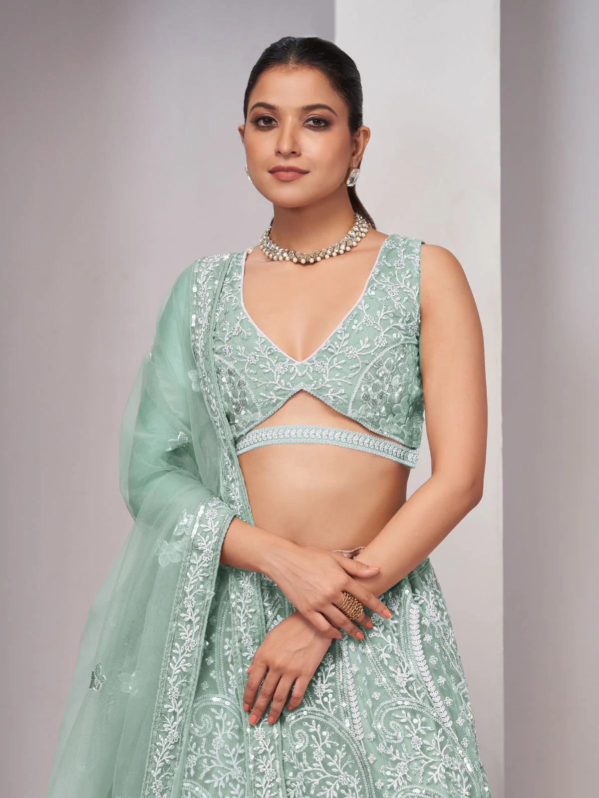 Odette Sky Blue Soft Net Embroidered Semi Stitched Lehenga With Unstitched Blouse For Women - Image 3
