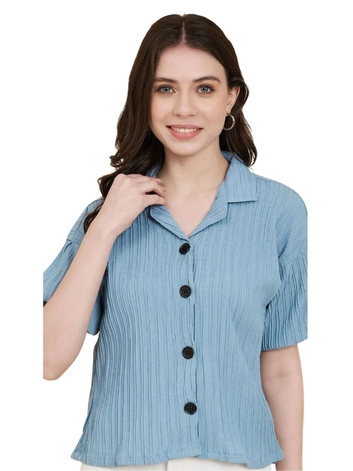 Odette Sky Blue Sugarcane Solid Shirt For Women - Image 2
