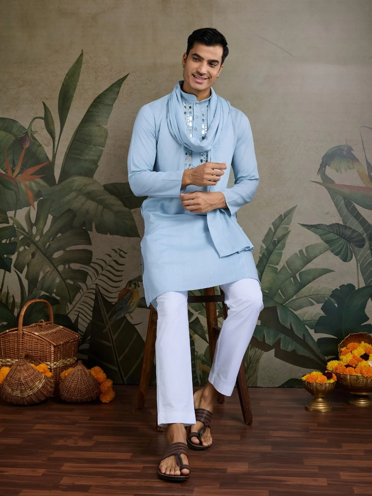 Odette Sky Blue Viscose Silk Embellished Stitched Kurta For Men - Image 2