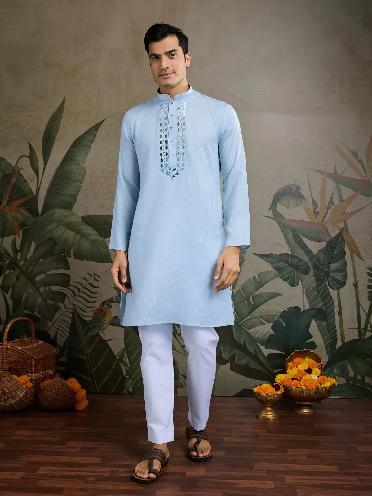 Odette Sky Blue Viscose Silk Embellished Stitched Kurta For Men - Image 3