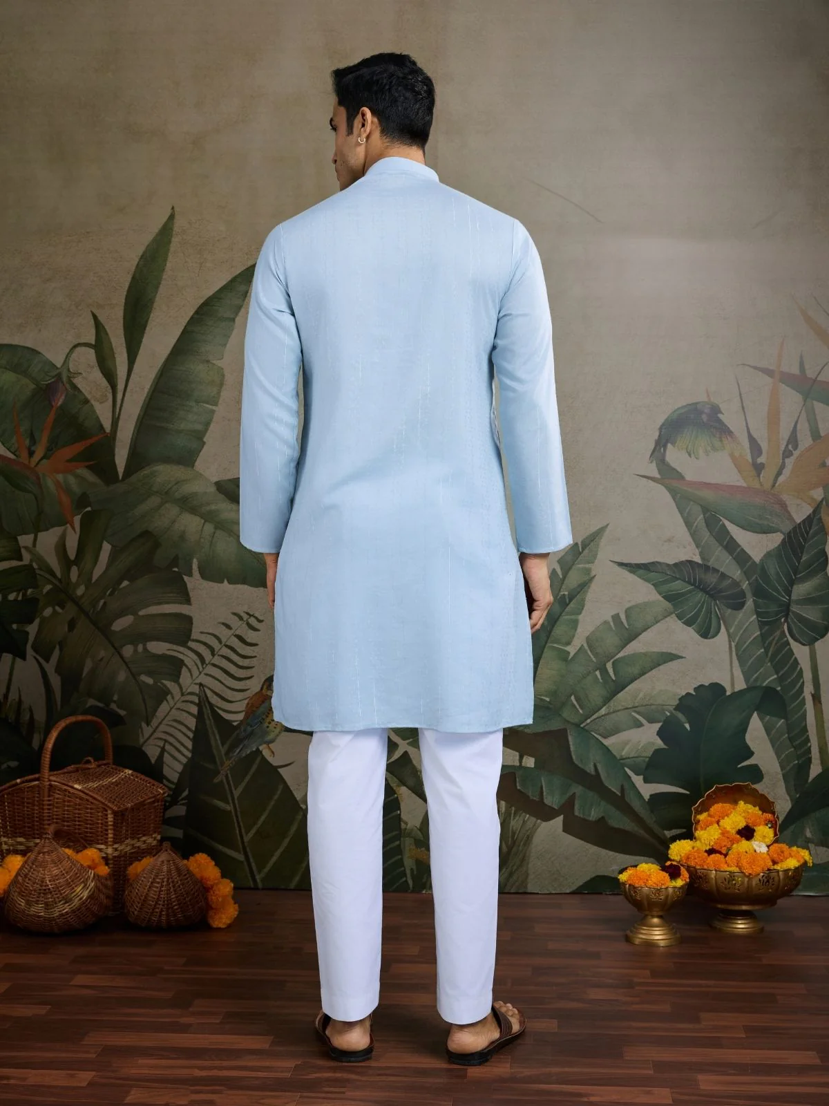 Odette Sky Blue Viscose Silk Embellished Stitched Kurta For Men - Image 4