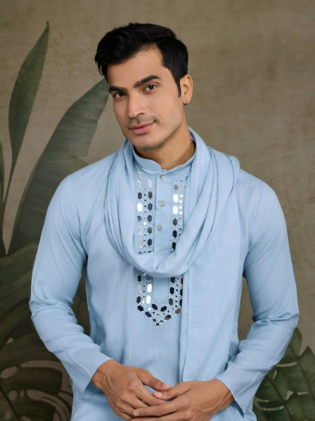 Odette Sky Blue Viscose Silk Embellished Stitched Kurta For Men - Image 5