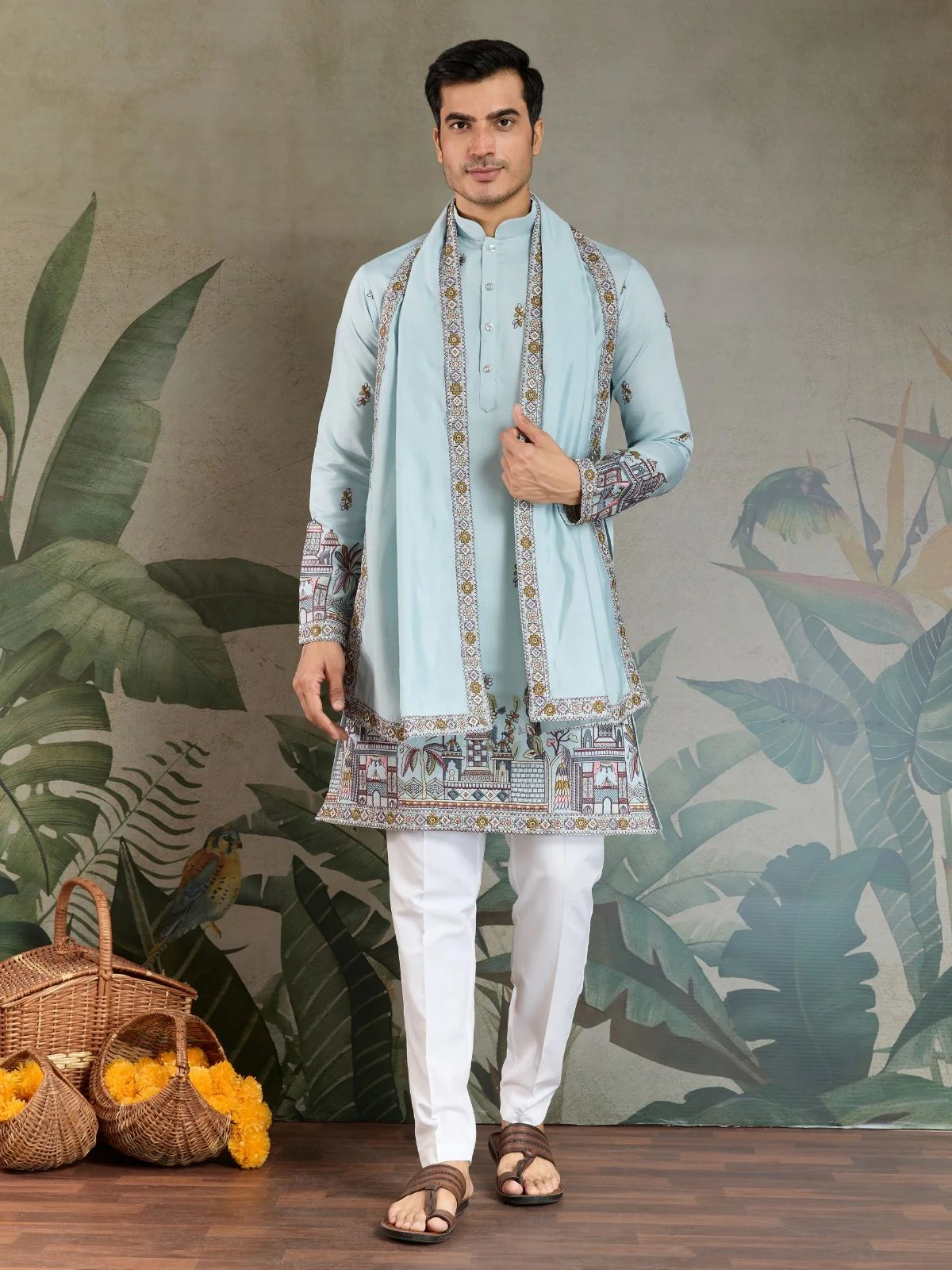 Odette Sky Blue Viscose Silk Embroidered Stitched Kurta For Men