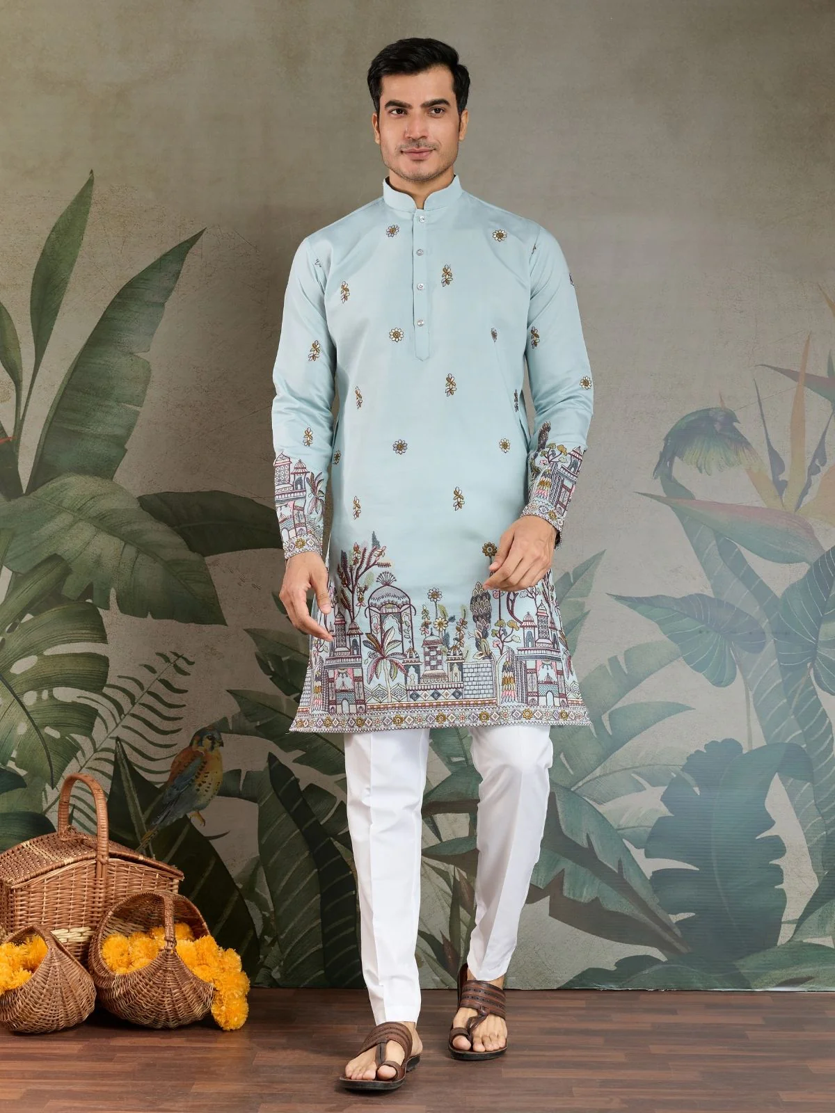Odette Sky Blue Viscose Silk Embroidered Stitched Kurta For Men - Image 4