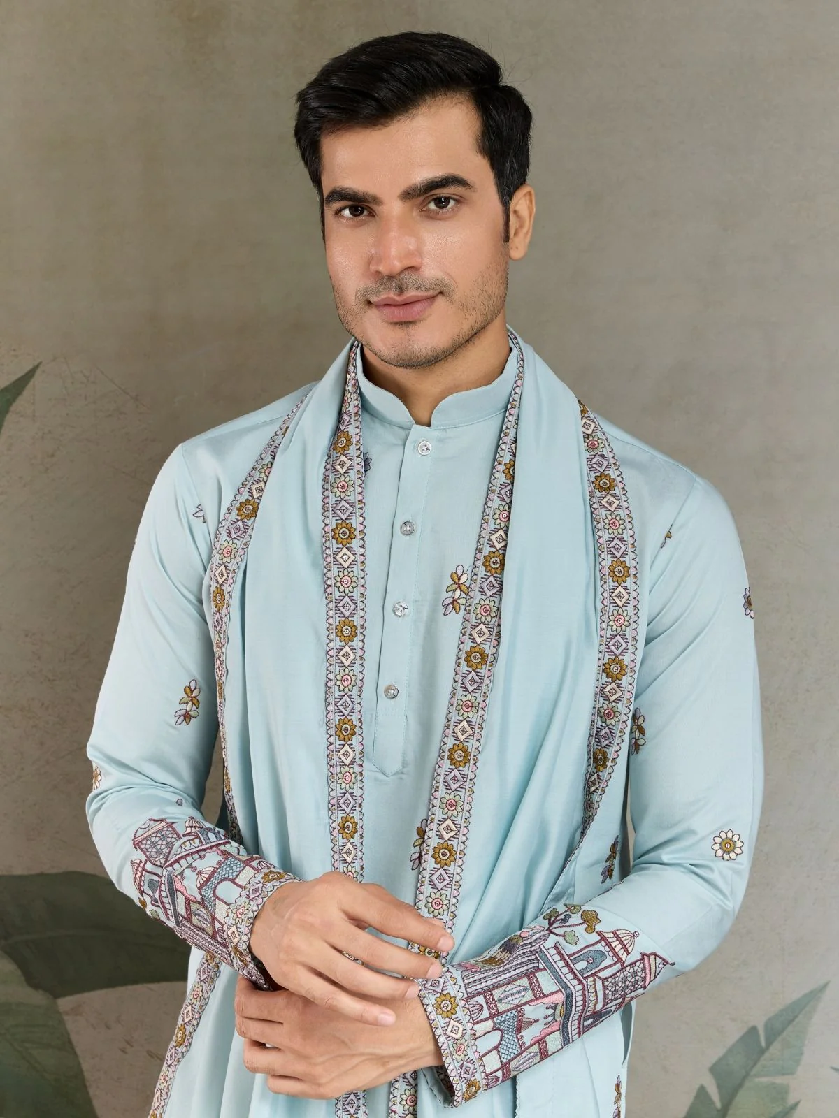 Odette Sky Blue Viscose Silk Embroidered Stitched Kurta For Men - Image 6