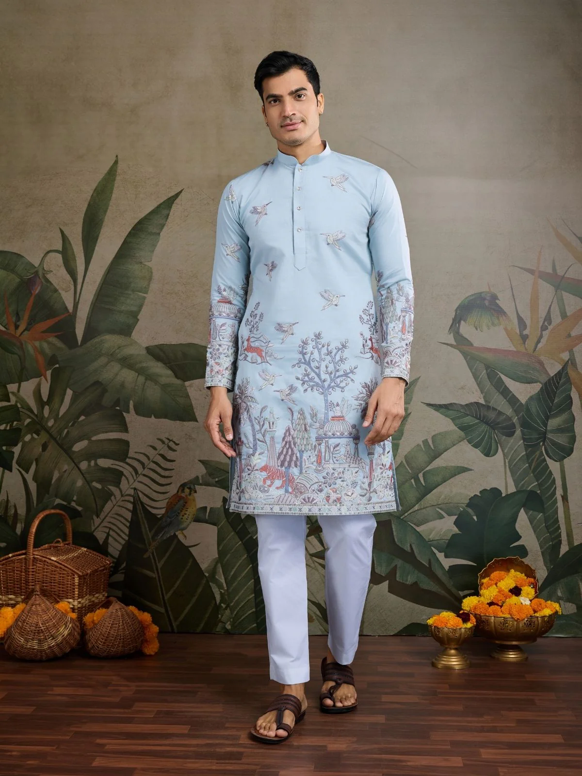 Odette Sky Blue Viscose Silk Embroidered Stitched Kurta For Men