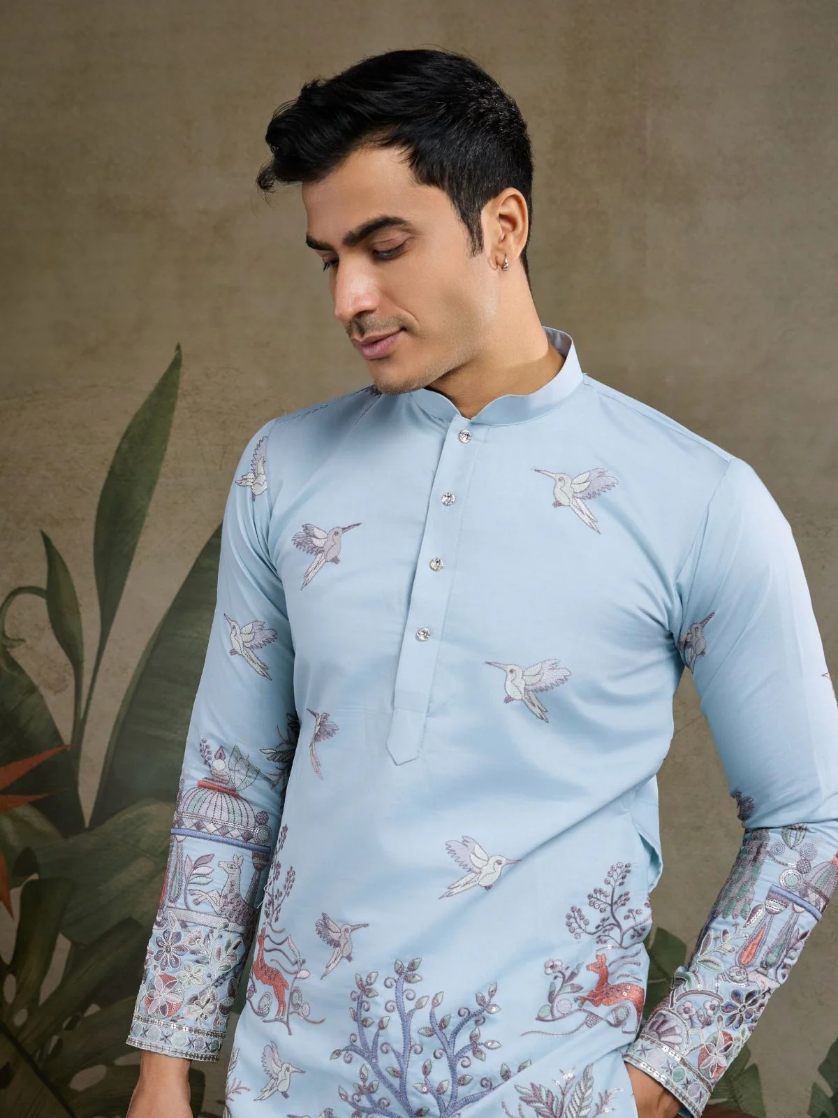 Odette Sky Blue Viscose Silk Embroidered Stitched Kurta For Men - Image 4