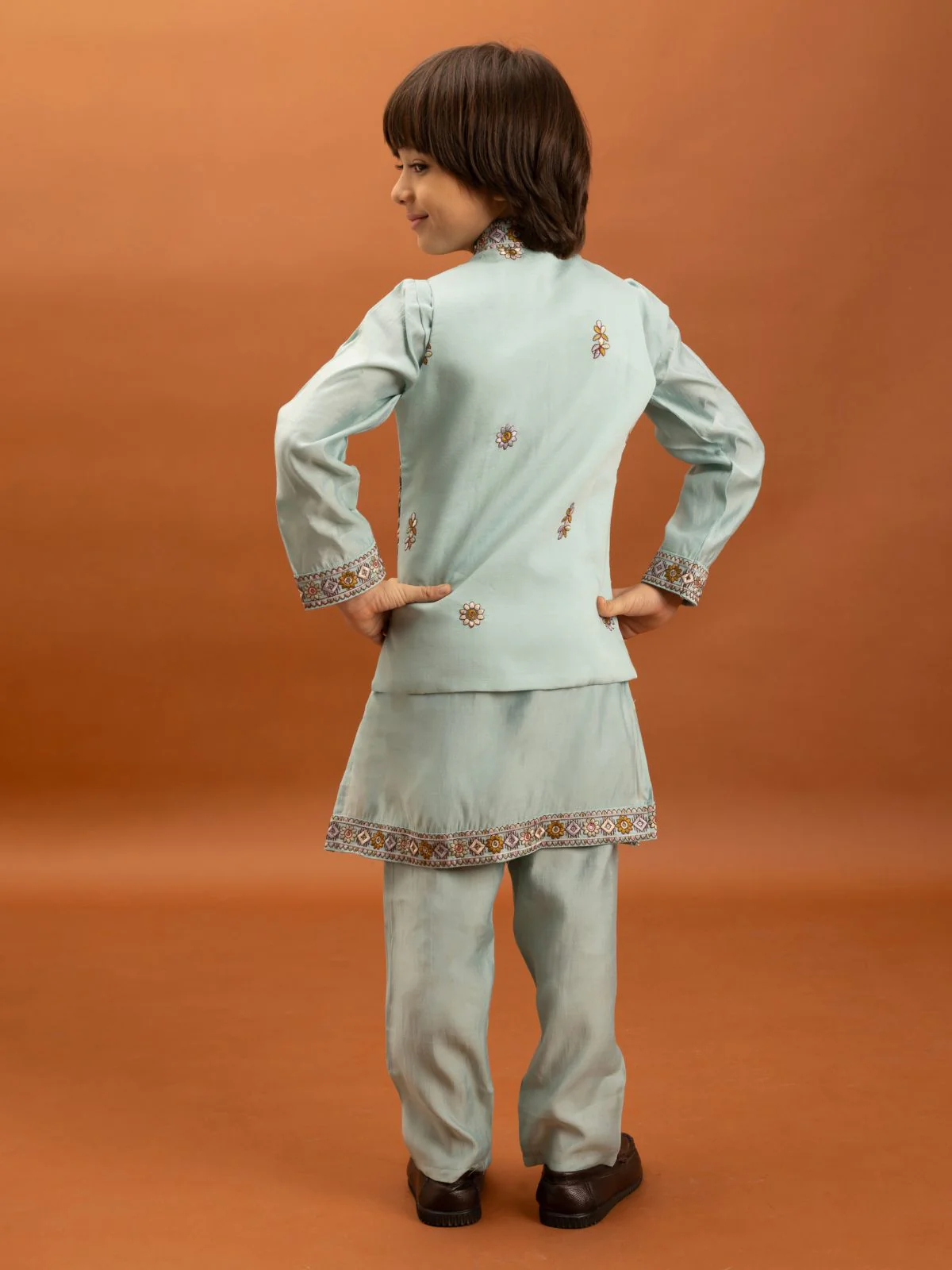 Odette Sky Blue Viscose Silk Embroidered Stitched Kurta Set For Kids - Image 2