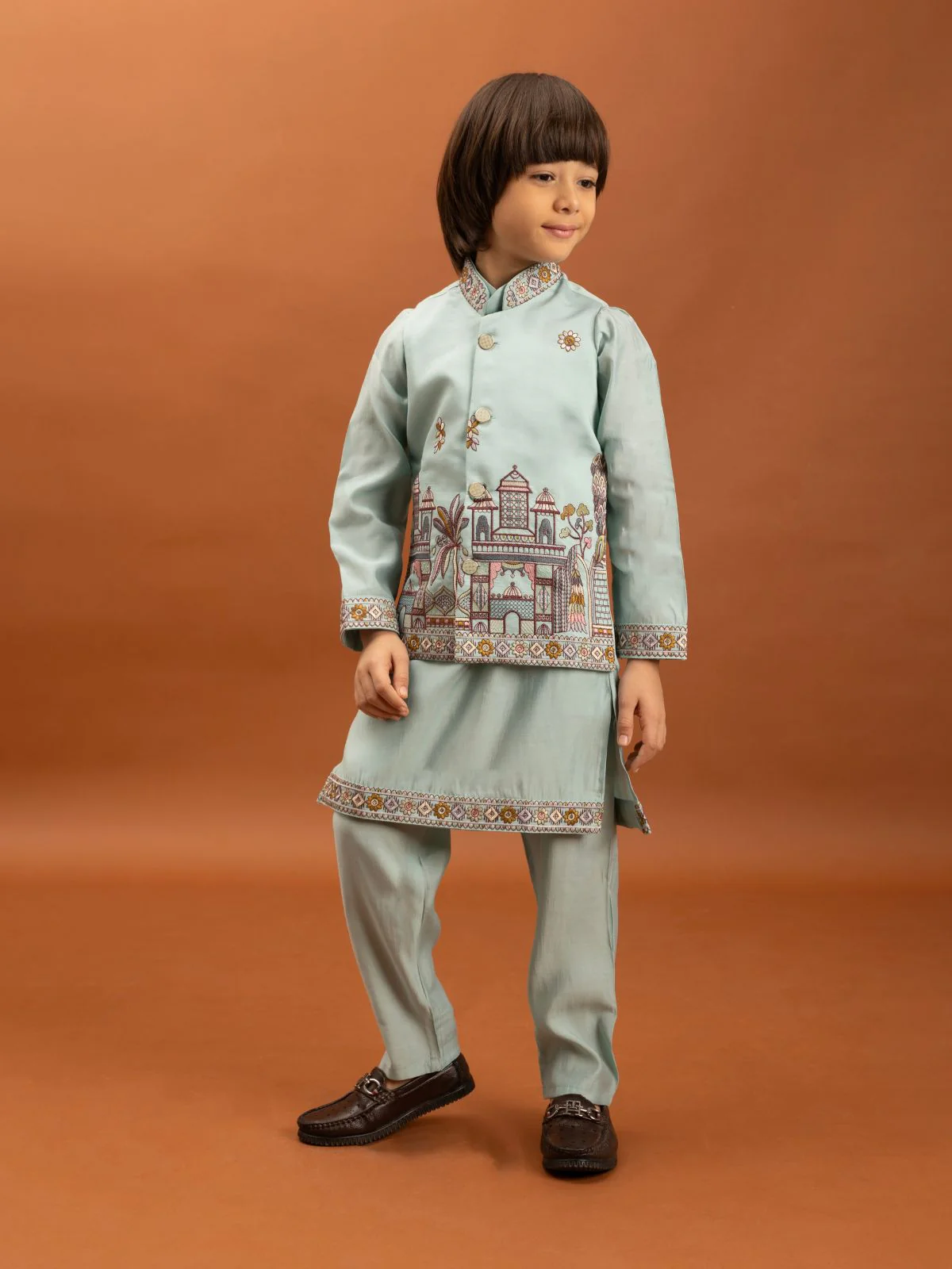 Odette Sky Blue Viscose Silk Embroidered Stitched Kurta Set For Kids - Image 3