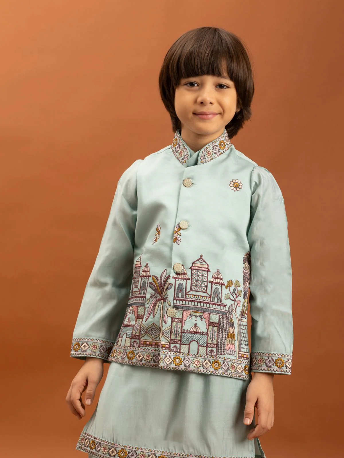 Odette Sky Blue Viscose Silk Embroidered Stitched Kurta Set For Kids - Image 4
