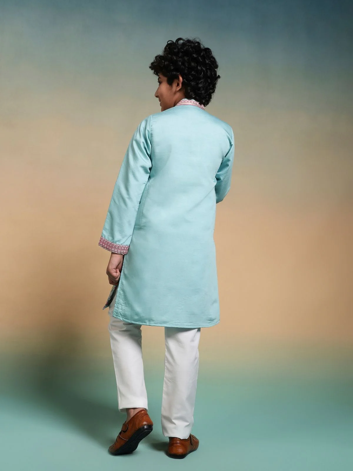 Odette Sky Blue Viscose Silk Embroidered Stitched Kurta Set For Kids - Image 4
