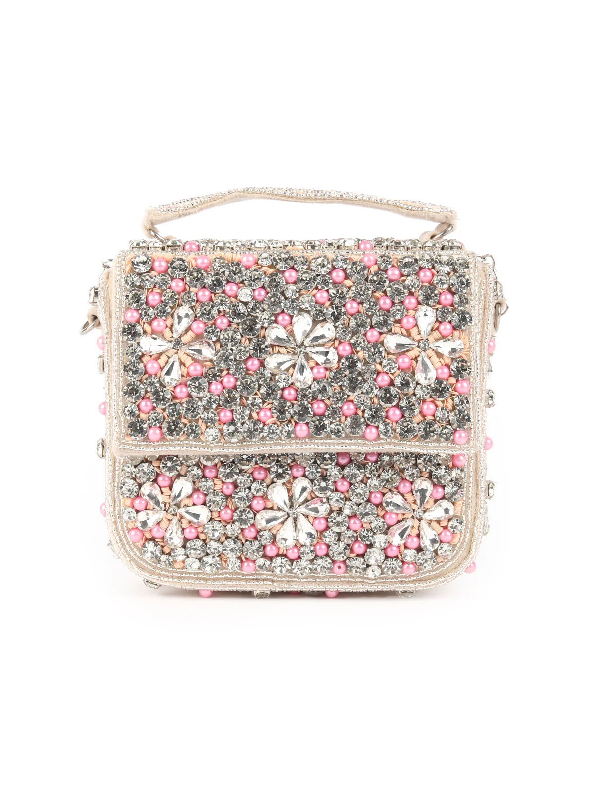 Odette Statement Ornate Beige and Pink Embellished Bridal Clutch For Women - Image 3