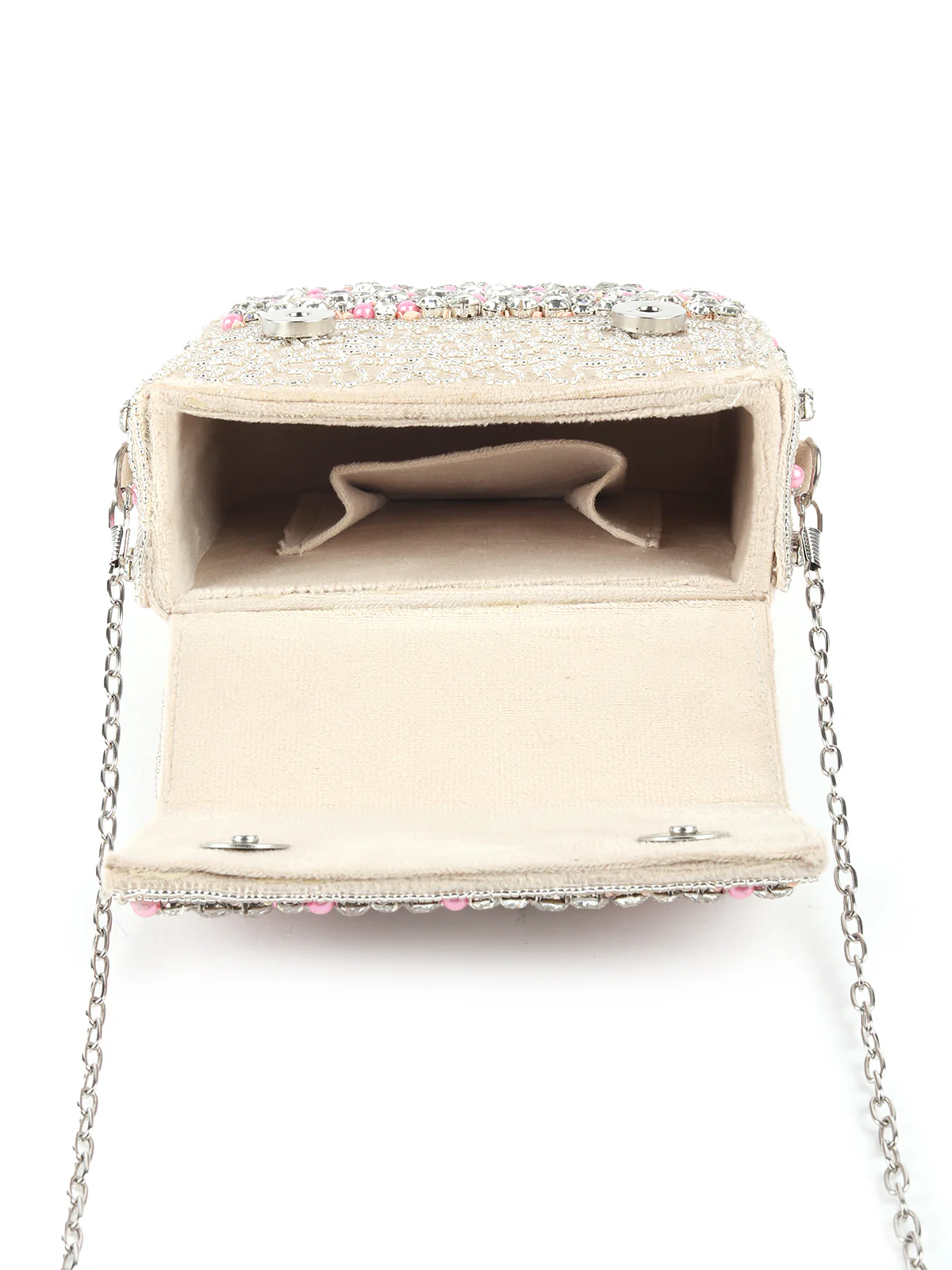 Odette Statement Ornate Beige and Pink Embellished Bridal Clutch For Women - Image 6
