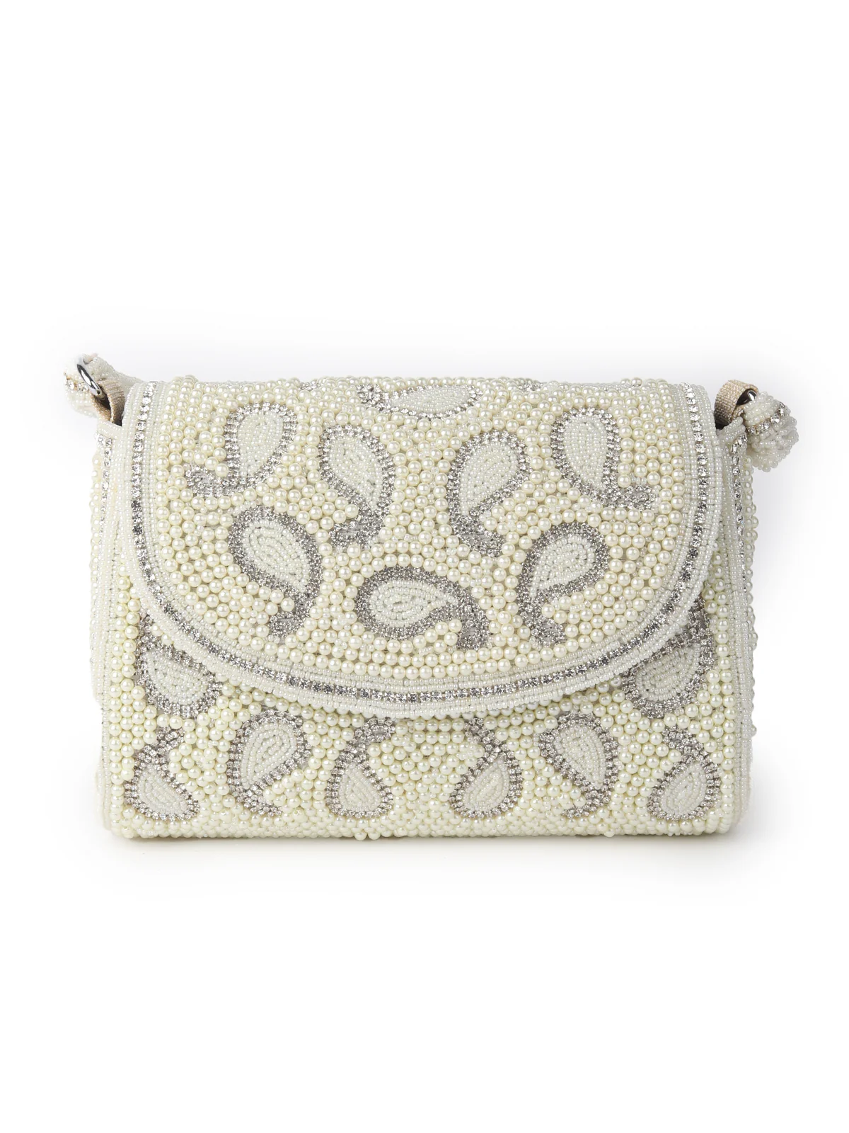 Odette Statement Ornate White Pearl Embroidered Clutch For Women - Image 3