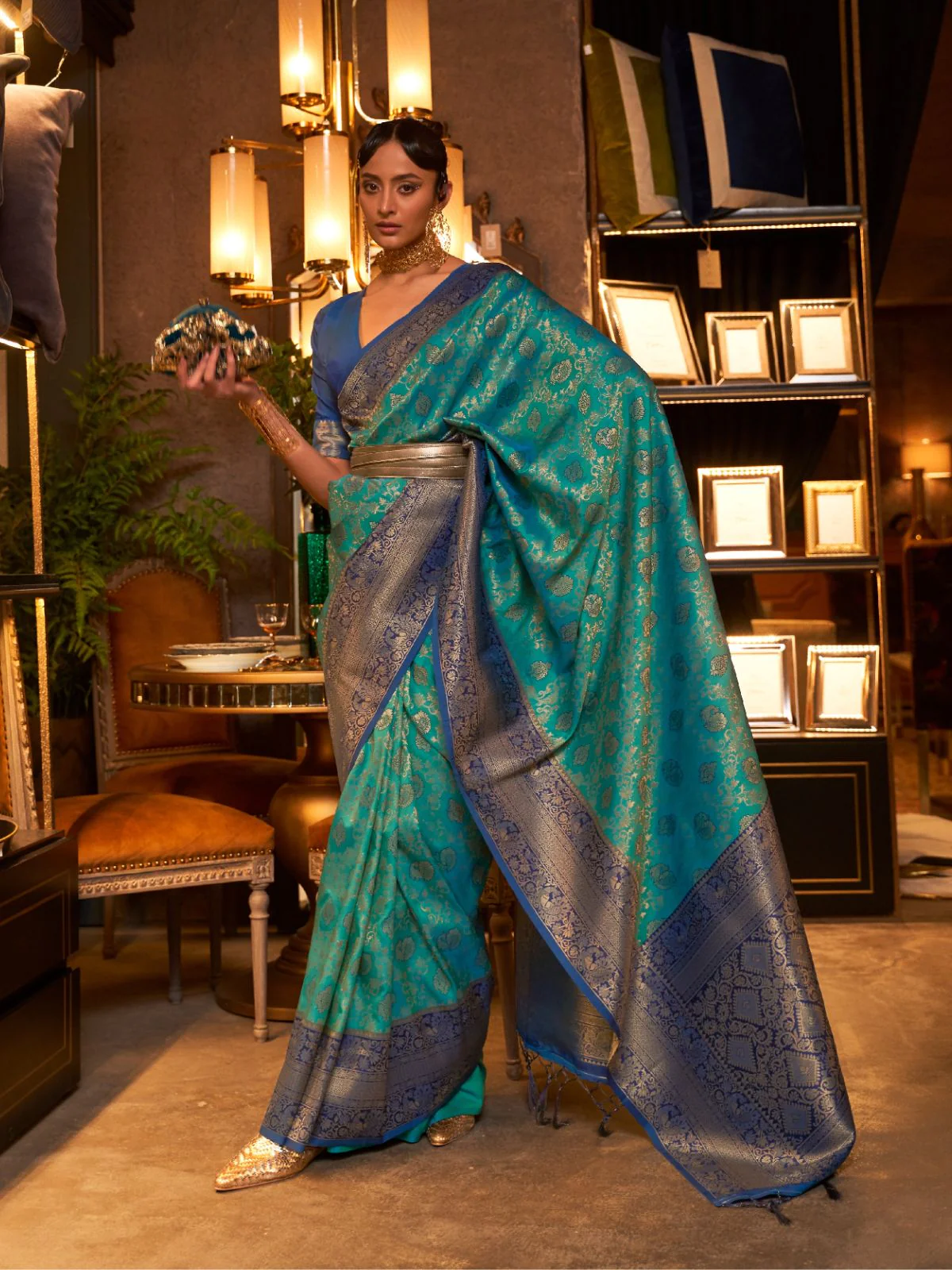 Odette Teal And Blue Woven Design Silk Blend Saree With Unstitched Blouse For Women