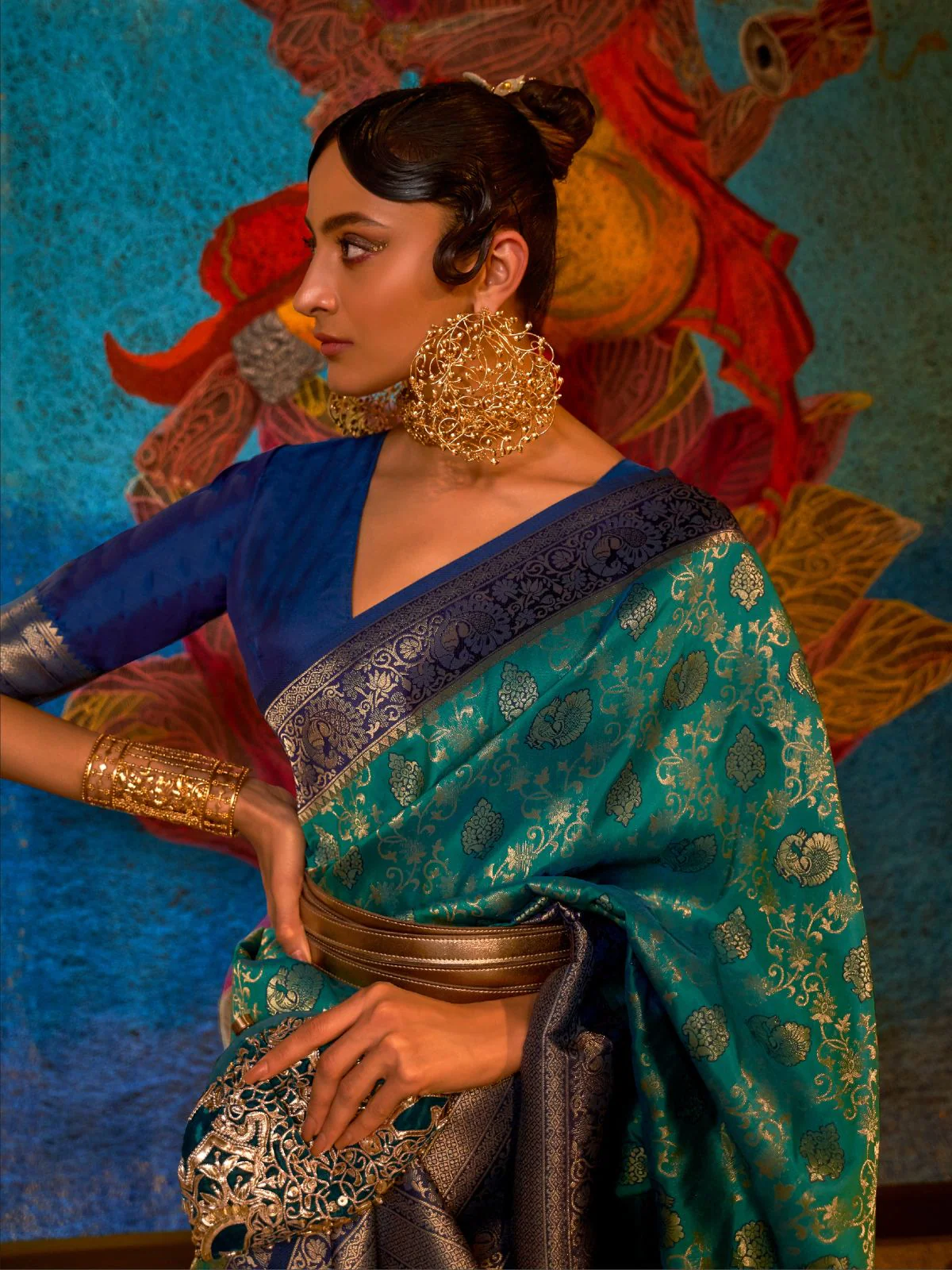 Odette Teal And Blue Woven Design Silk Blend Saree With Unstitched Blouse For Women - Image 2