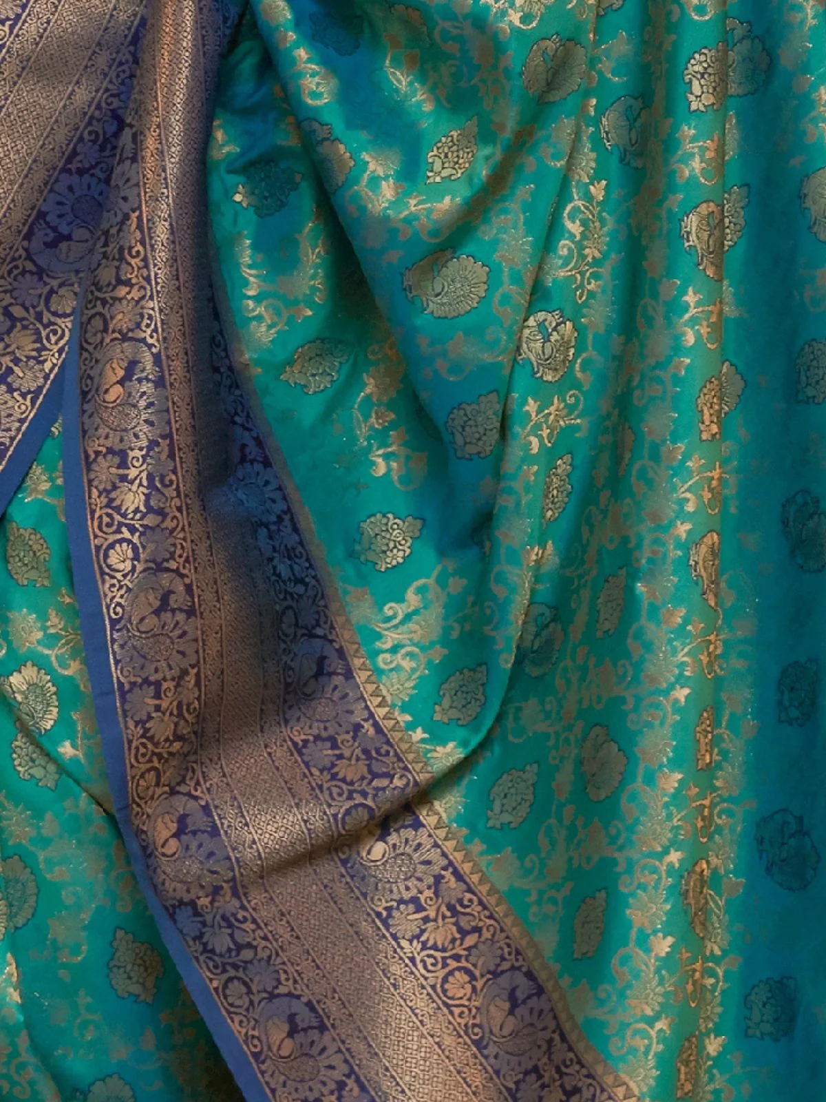 Odette Teal And Blue Woven Design Silk Blend Saree With Unstitched Blouse For Women - Image 3