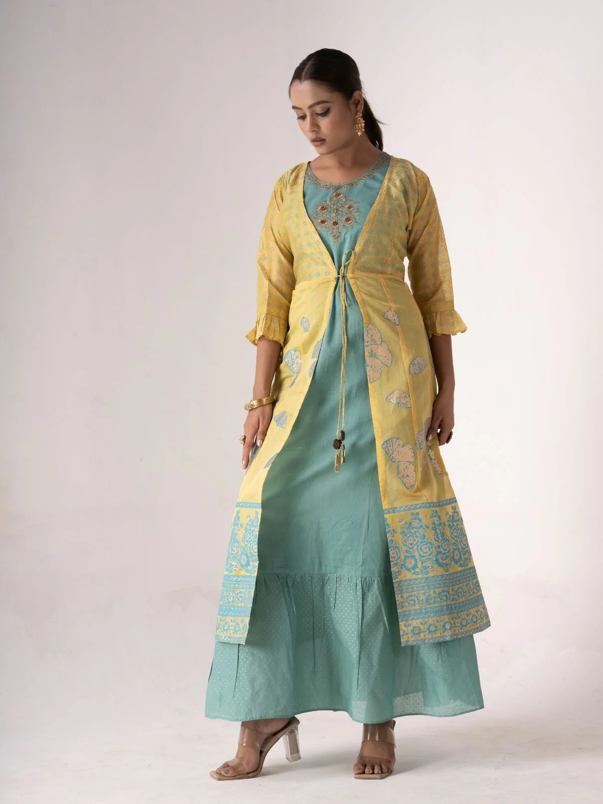 Odette Teal Art Silk Designer Embroidered Semi-Stitched Kurta With Shrug For Women - Image 3
