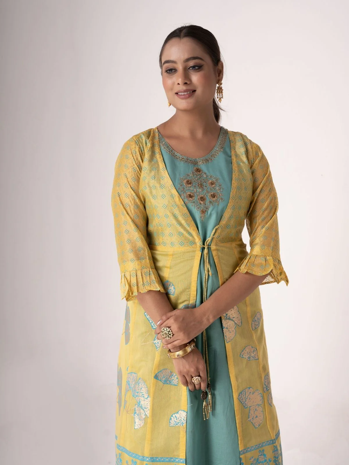 Odette Teal Art Silk Designer Embroidered Semi-Stitched Kurta With Shrug For Women - Image 4