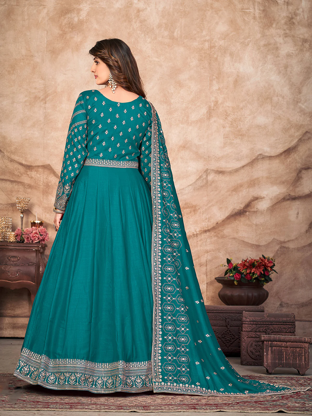 Odette Teal Art Silk Embroidered Semi stitched Kurta Set For Women - Image 2