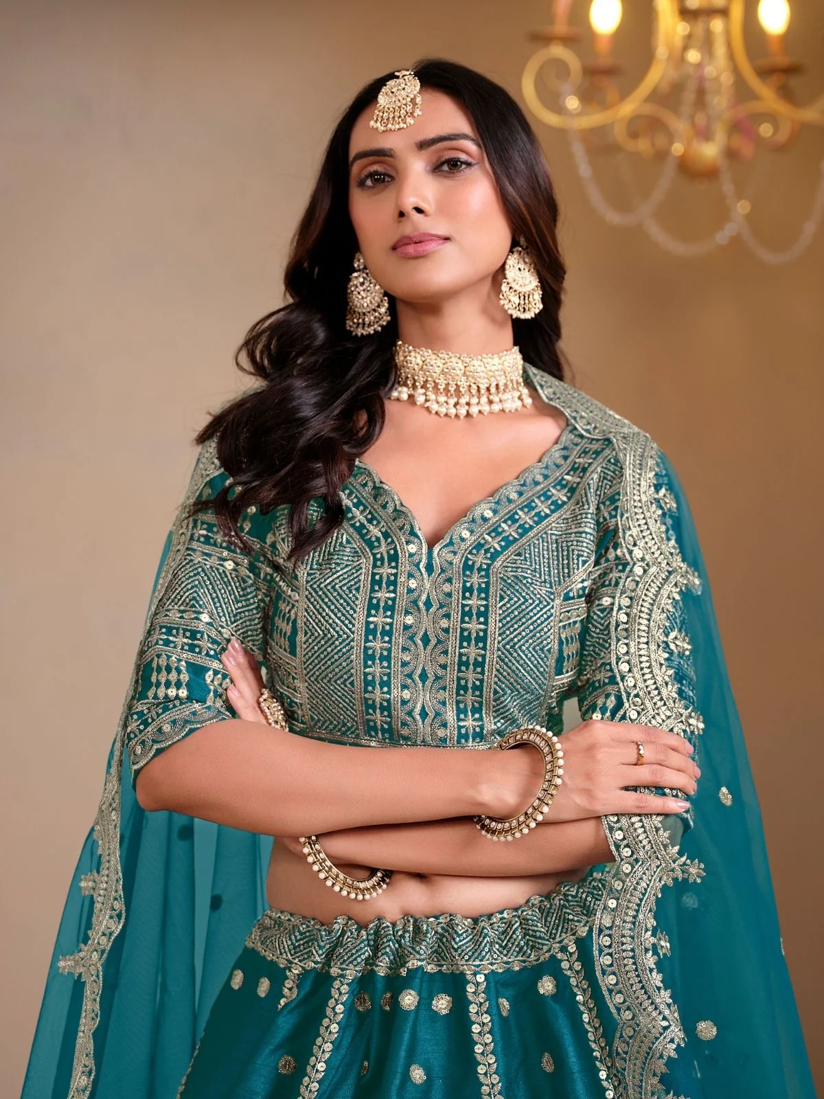 Odette Teal Art Silk Embroidered Semi-Stitched lehenga For Women - Image 3