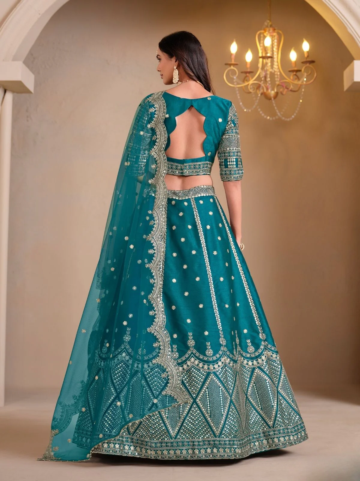 Odette Teal Art Silk Embroidered Semi-Stitched lehenga For Women - Image 4
