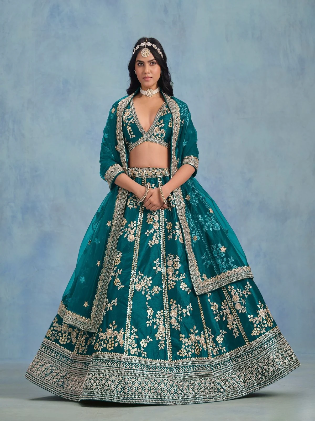 Odette Teal Art Silk Embroidered Semi-Stitched lehenga For Women - Image 2