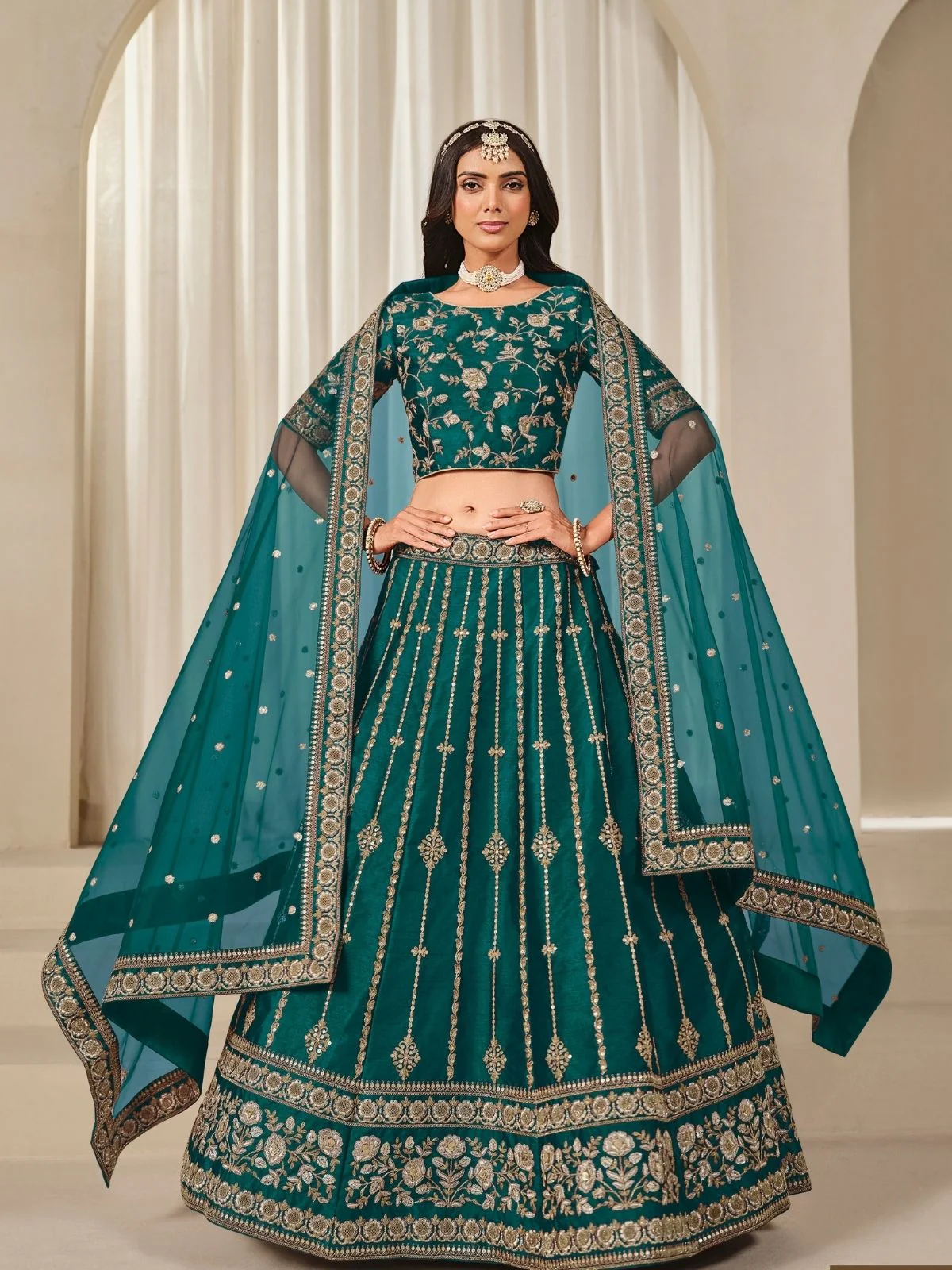 Odette Teal Art Silk Embroidered Semi-Stitched lehenga For Women