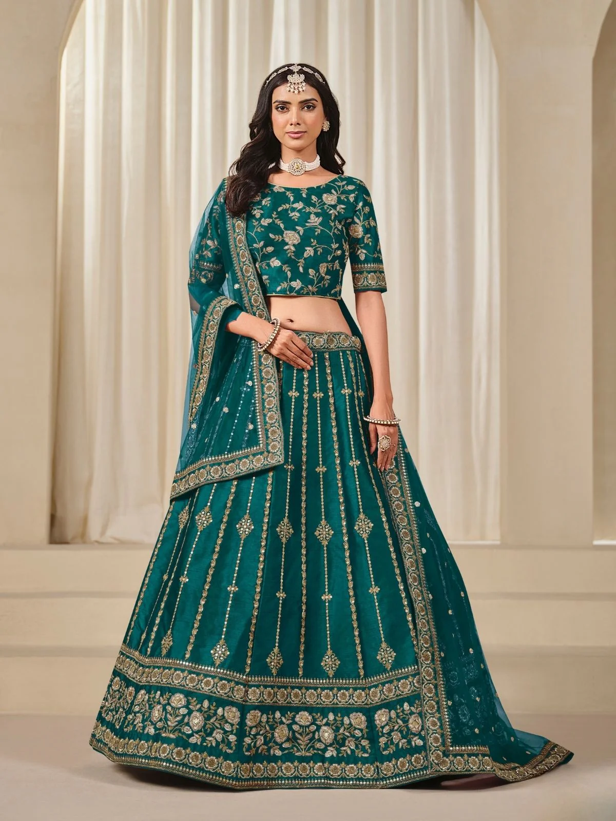 Odette Teal Art Silk Embroidered Semi-Stitched lehenga For Women - Image 2
