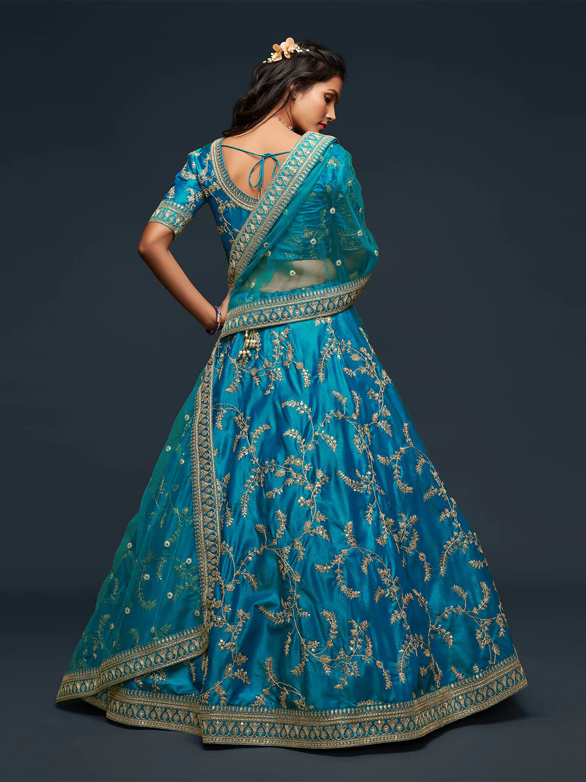 Odette Teal Art Silk Embroidered Semi Stitched Lehenga With Unstitched Blouse For Women - Image 3