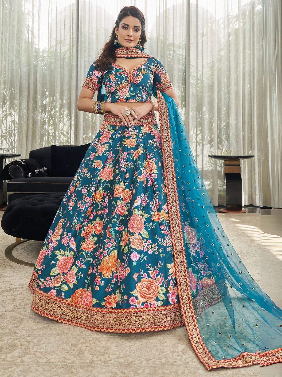 Odette Teal Art Silk Printed Semi Stitched Lehenga With Unstitched Blouse For Women - Image 2