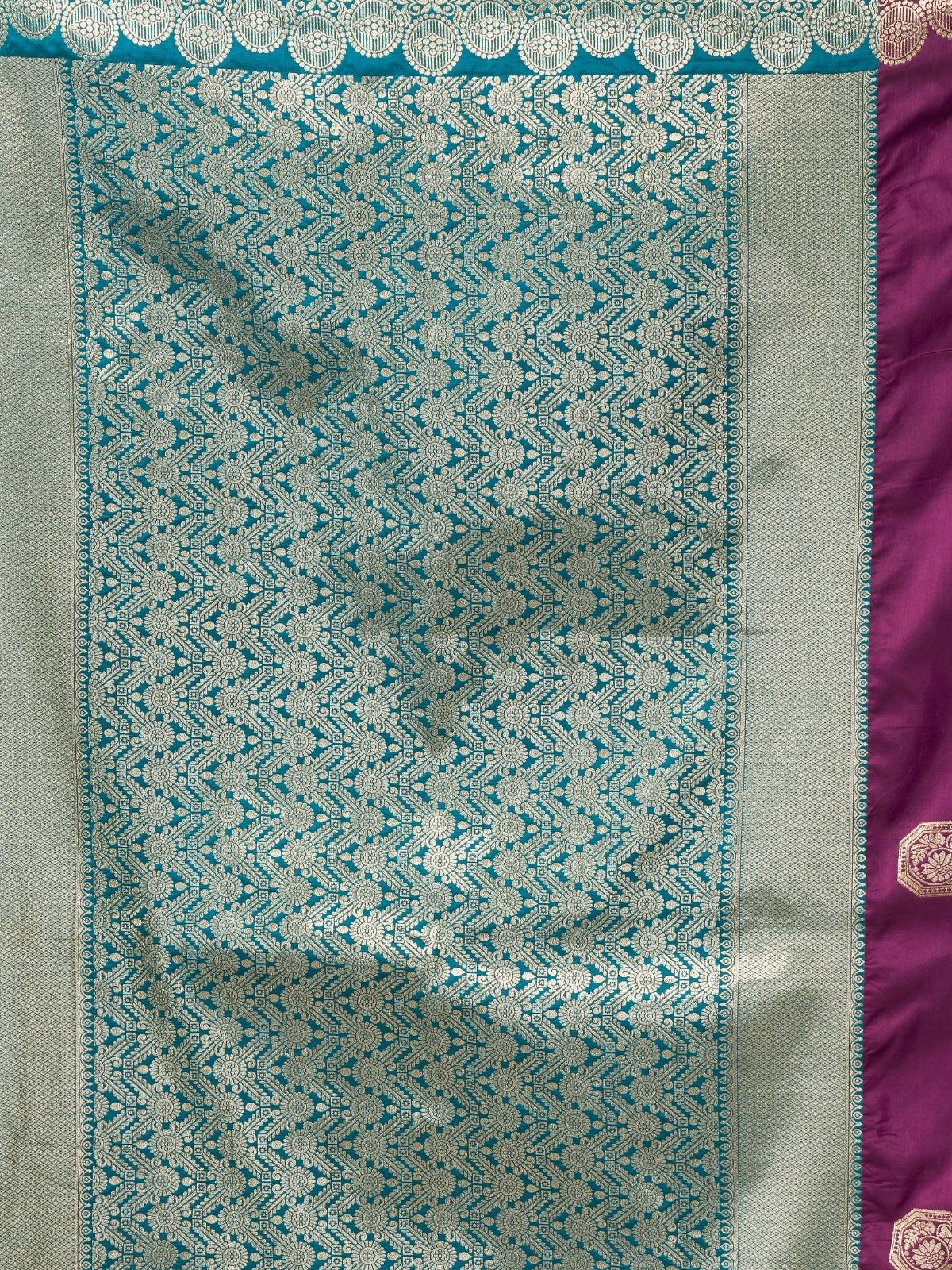 Odette Teal Blue and Wine Silk Blend Woven Saree For Women - Image 6
