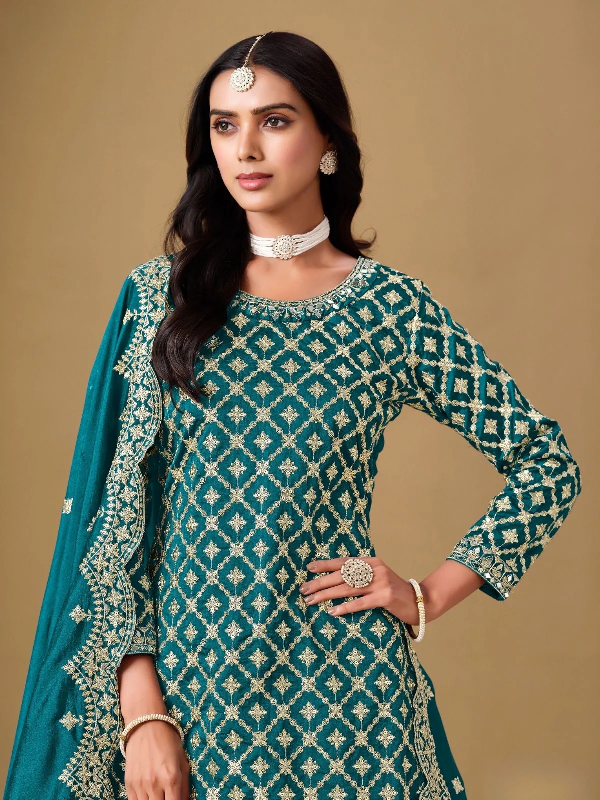 Odette Teal Art Silk Embroidered Semi-Stiched Kurta Set For Women - Image 3