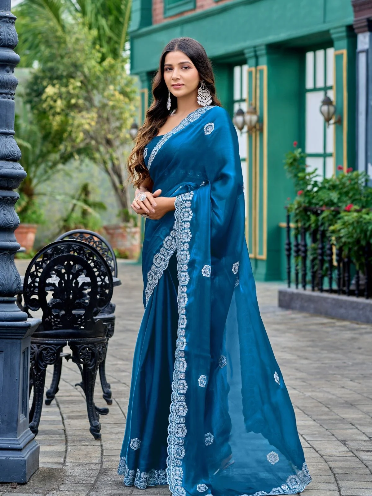 Odette Teal Blue Chiffon Embellished Saree For Women - Image 2