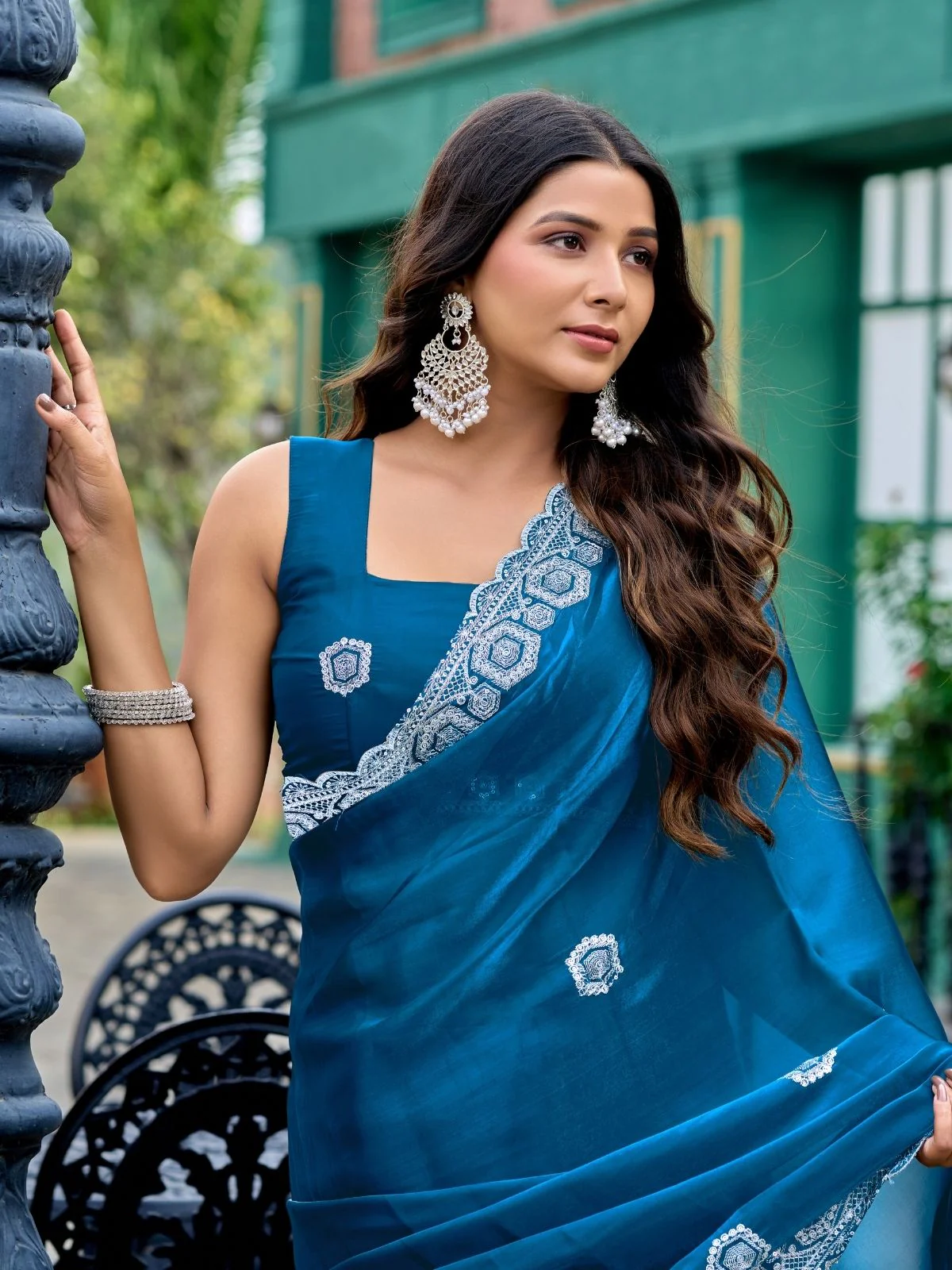 Odette Teal Blue Chiffon Embellished Saree For Women - Image 4