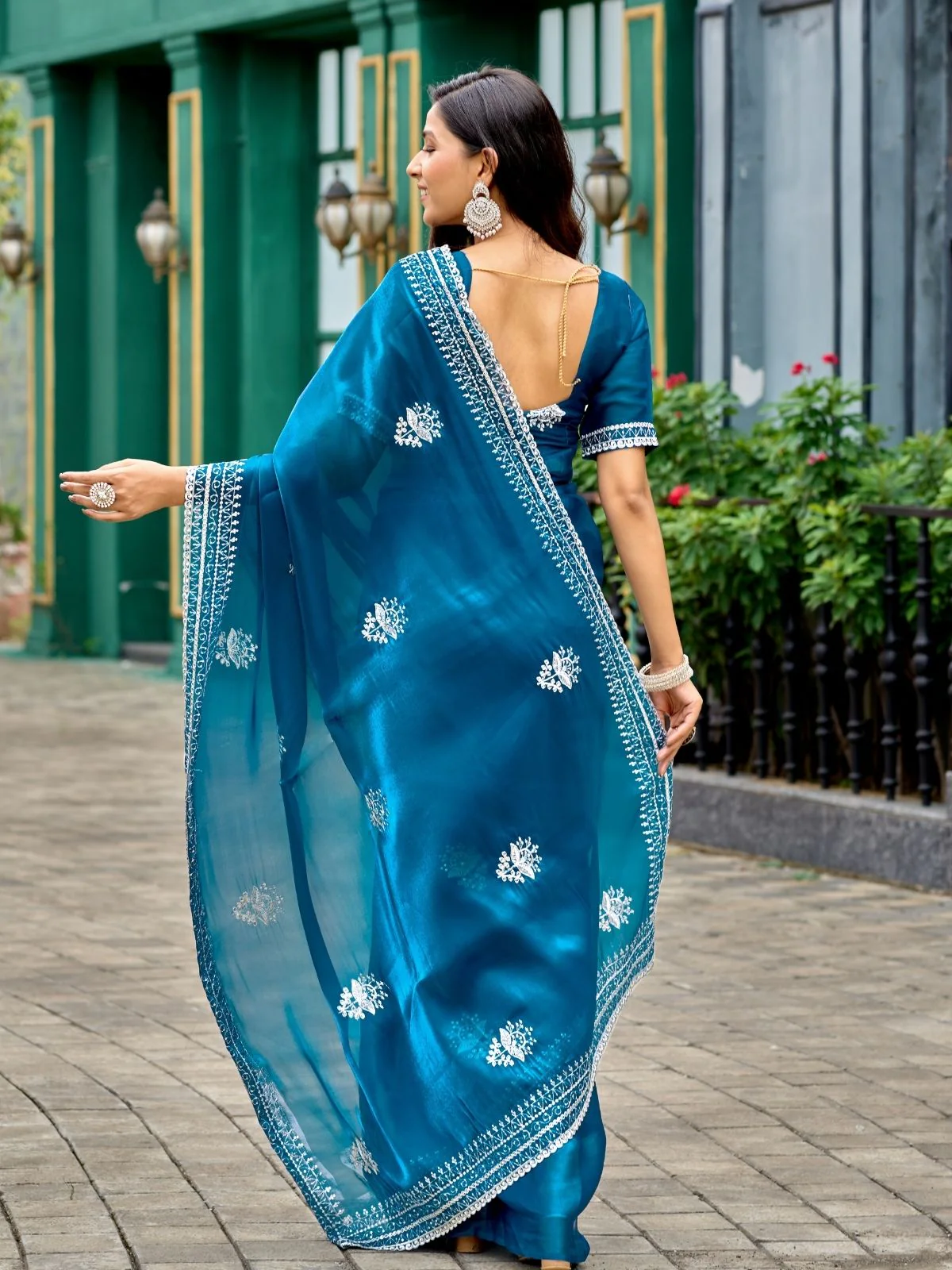 Odette Teal Blue Chiffon Embroidered Saree For Women - Image 5